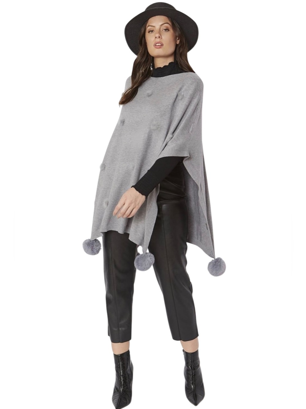 NWT Jayley gray wool blend knit faux fur Pom-Pom Poncho one size